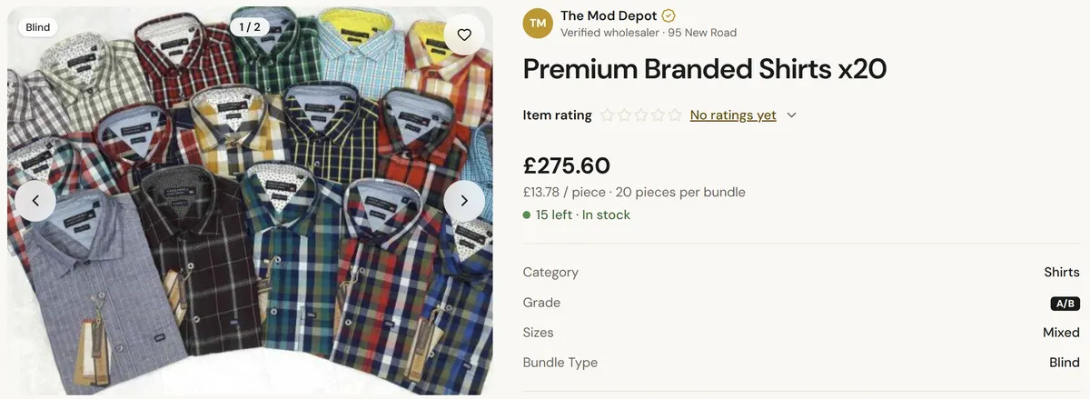 A bundle listing showing its grade, price per piece and verified wholesaler