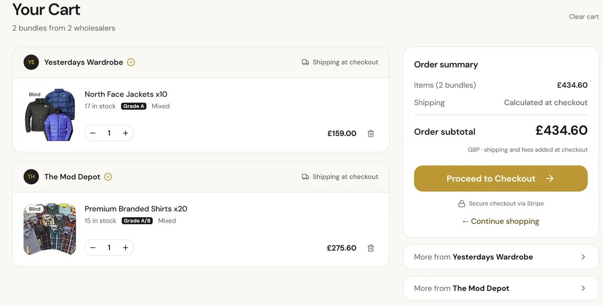 The FindMyVintage basket with bundles from more than one wholesaler