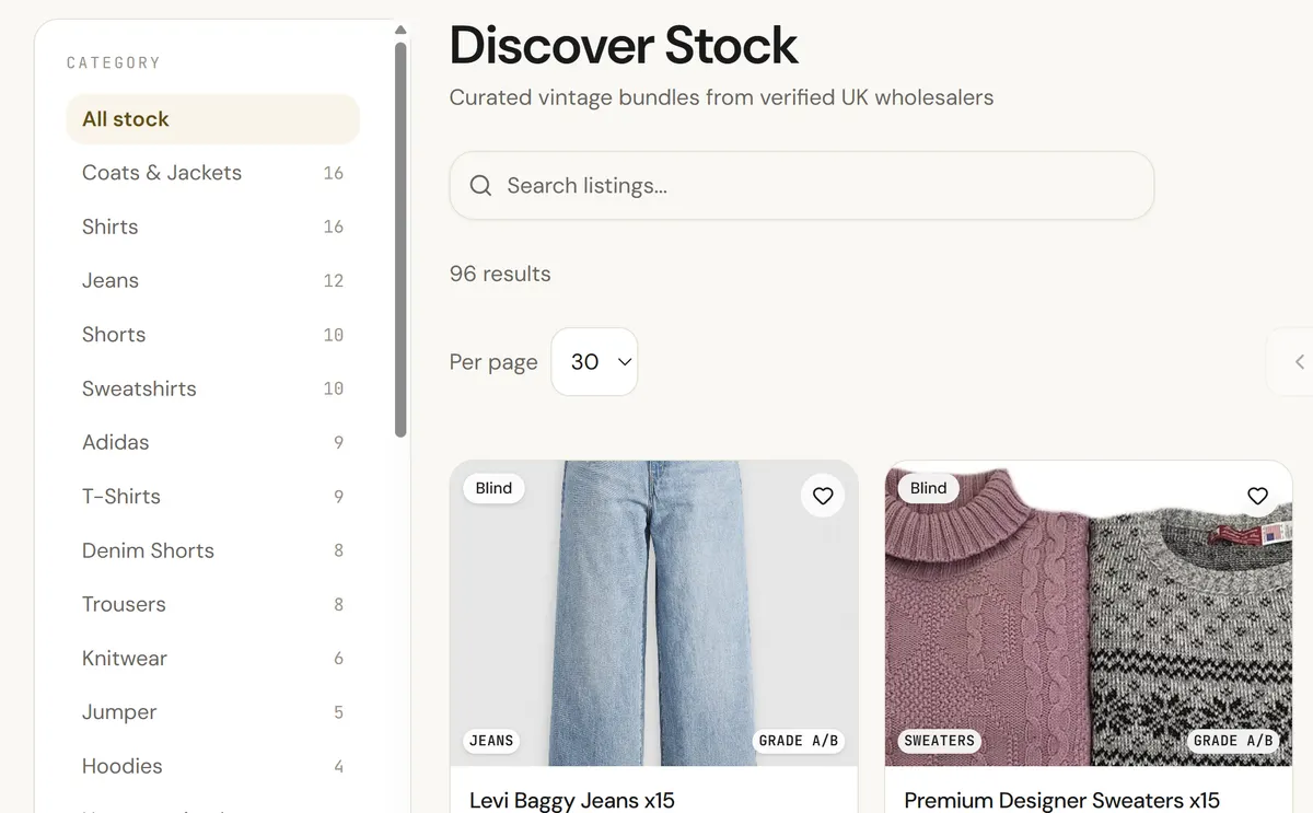 The FindMyVintage search bar above a grid of categories